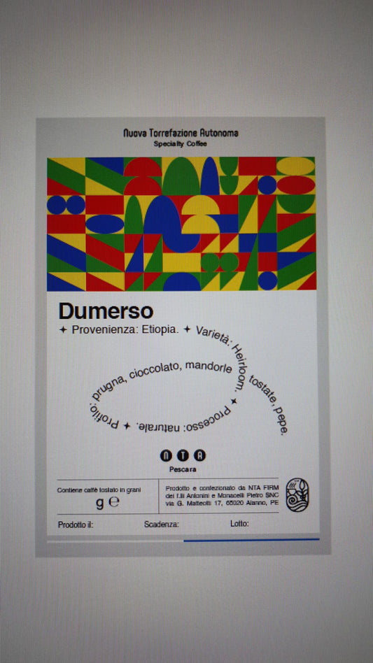 Dumerso| Etiopia| Specialty Coffee in grani 225g| VARIETÀ: Heirloom|
ORIGINE: Etiopia
PROCESSO: Naturale|
PROFILO: Prugna, Cioccolato, Mandorle